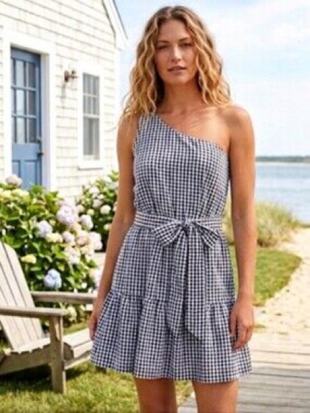 VINEYARD VINES One-Shoulder Gingham Tie-Waist Mini Dress - Navy/White